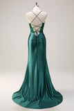 Sparkly Dark Green Mermaid Halter Corset Long Formal Dress With Slit