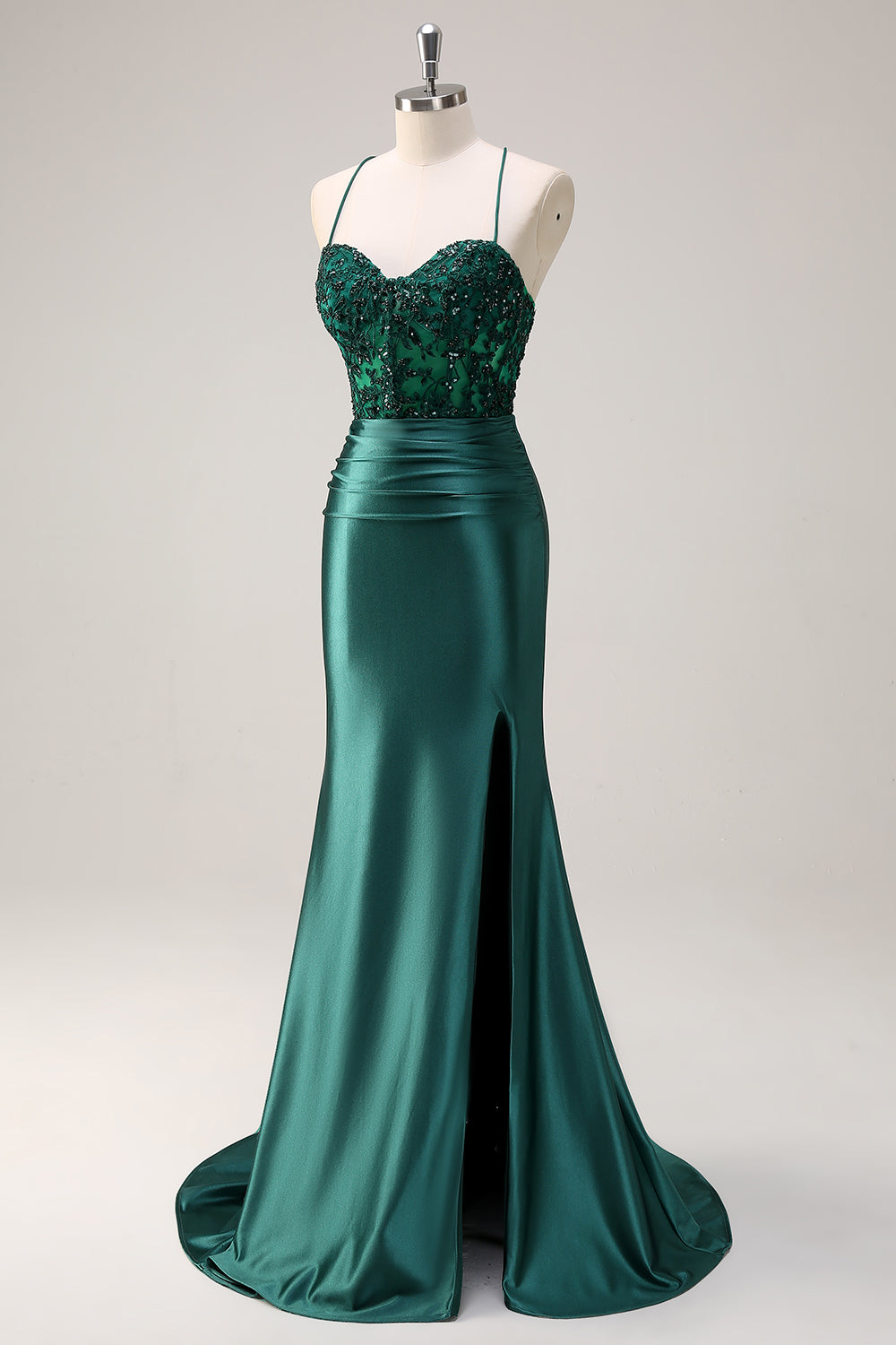 Sparkly Dark Green Mermaid Halter Corset Long Formal Dress With Slit