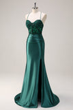 Sparkly Dark Green Mermaid Halter Corset Long Formal Dress With Slit