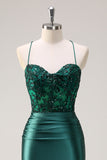 Sparkly Dark Green Mermaid Halter Corset Long Formal Dress With Slit