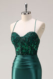 Sparkly Dark Green Mermaid Halter Corset Long Formal Dress With Slit