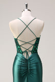 Sparkly Dark Green Mermaid Halter Corset Long Formal Dress With Slit