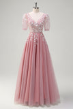 Sparkly Royal Blue A-Line V Neck Appliques Tulle Long Formal Dress with Short Sleeves