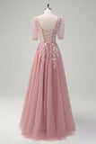 Sparkly Royal Blue A-Line V Neck Appliques Tulle Long Formal Dress with Short Sleeves