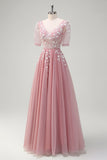 Sparkly Royal Blue A-Line V Neck Appliques Tulle Long Formal Dress with Short Sleeves