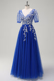 Sparkly Royal Blue A-Line V Neck Appliques Tulle Long Formal Dress with Short Sleeves