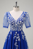 Sparkly Royal Blue A-Line V Neck Appliques Tulle Long Formal Dress with Short Sleeves