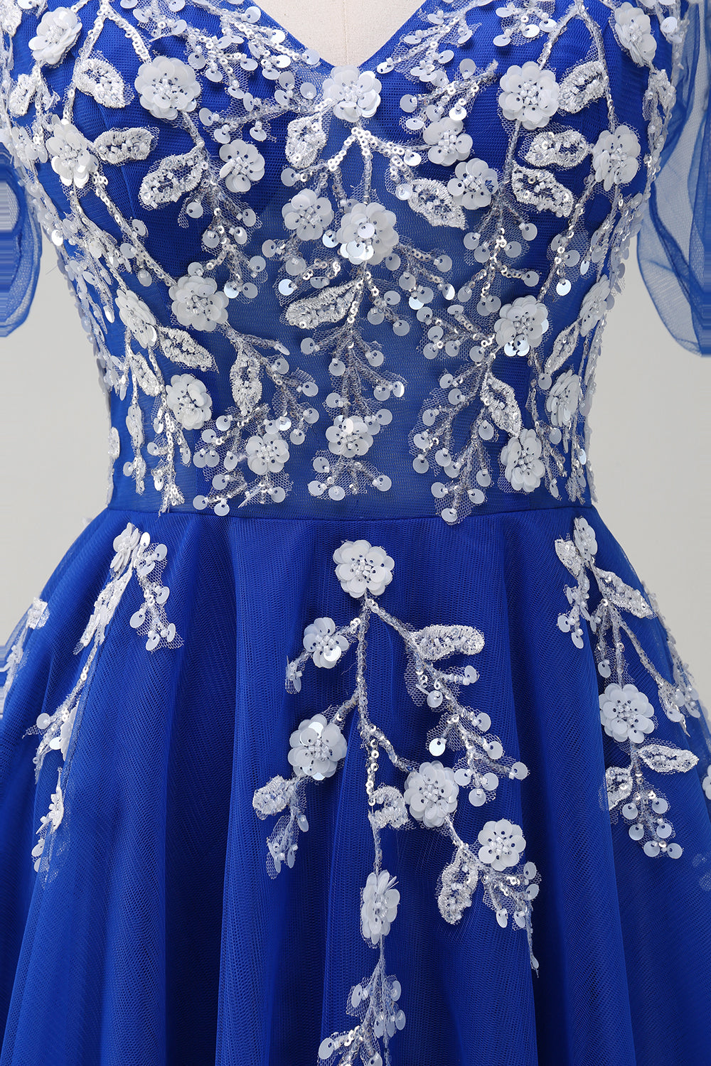 Sparkly Royal Blue A-Line V Neck Appliques Tulle Long Formal Dress with Short Sleeves