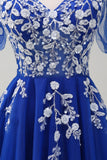 Sparkly Royal Blue A-Line V Neck Appliques Tulle Long Formal Dress with Short Sleeves