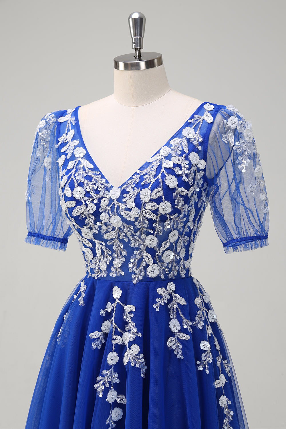 Sparkly Royal Blue A-Line V Neck Appliques Tulle Long Formal Dress with Short Sleeves