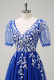 Sparkly Royal Blue A-Line V Neck Appliques Tulle Long Formal Dress with Short Sleeves