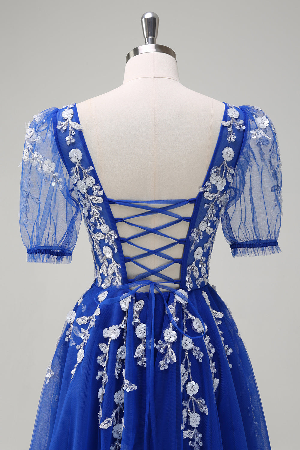 Sparkly Royal Blue A-Line V Neck Appliques Tulle Long Formal Dress with Short Sleeves