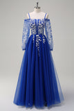 Sparkly Royal Blue A-Line Cold Shoulder Long Sleeves Long Formal Dress with Appliques