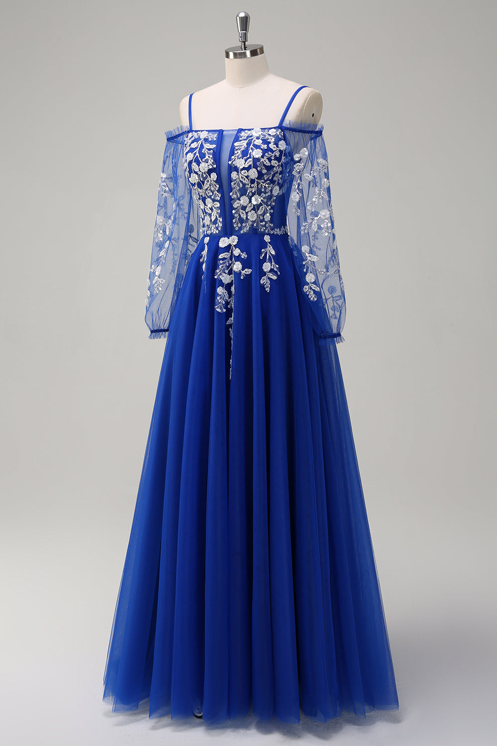 Sparkly Royal Blue A-Line Cold Shoulder Long Sleeves Long Formal Dress with Appliques