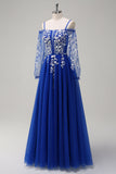 Sparkly Royal Blue A-Line Cold Shoulder Long Sleeves Long Formal Dress with Appliques