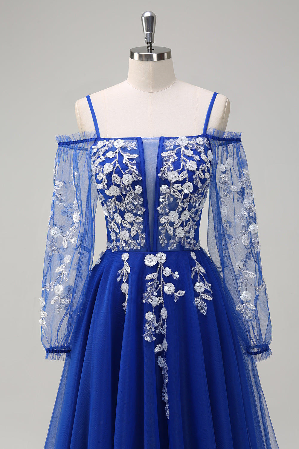 Sparkly Royal Blue A-Line Cold Shoulder Long Sleeves Long Formal Dress with Appliques