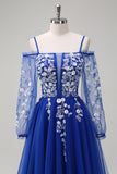 Sparkly Royal Blue A-Line Cold Shoulder Long Sleeves Long Formal Dress with Appliques