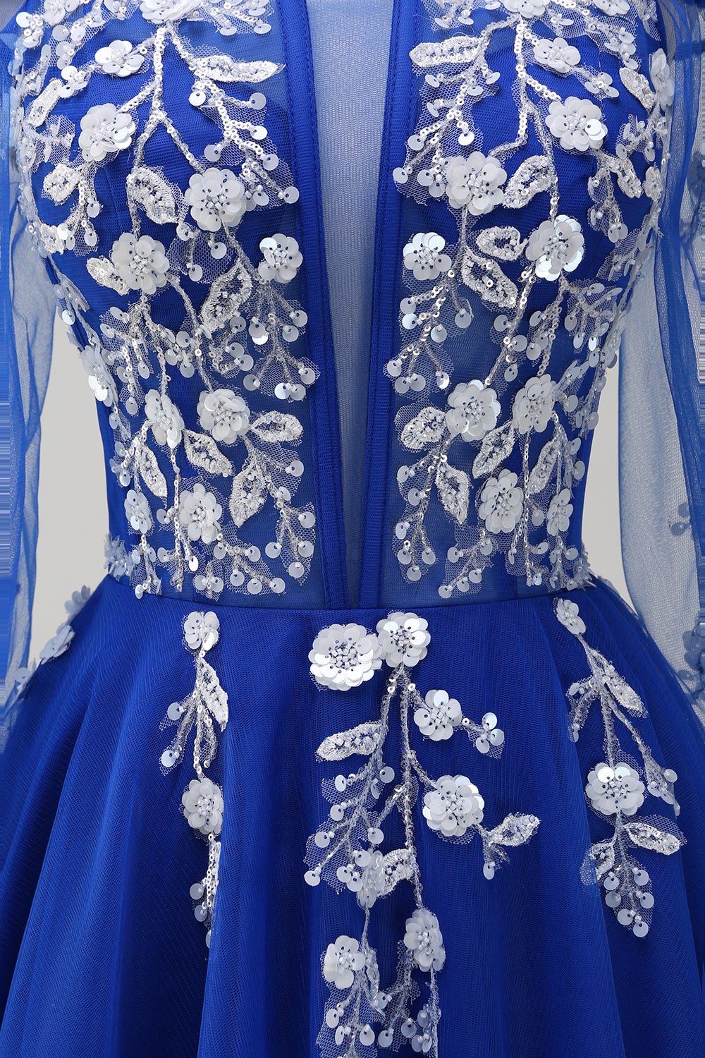 Sparkly Royal Blue A-Line Cold Shoulder Long Sleeves Long Formal Dress with Appliques