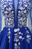 Sparkly Royal Blue A-Line Cold Shoulder Long Sleeves Long Formal Dress with Appliques