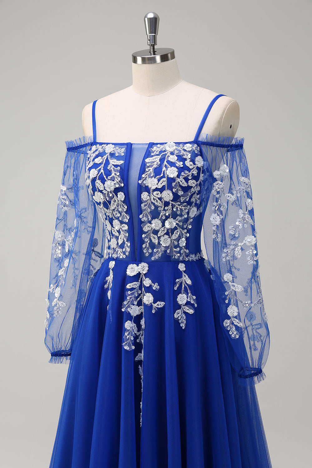 Sparkly Royal Blue A-Line Cold Shoulder Long Sleeves Long Formal Dress with Appliques