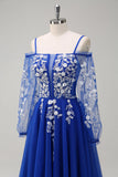 Sparkly Royal Blue A-Line Cold Shoulder Long Sleeves Long Formal Dress with Appliques