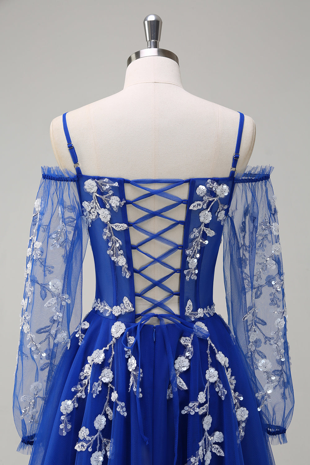 Sparkly Royal Blue A-Line Cold Shoulder Long Sleeves Long Formal Dress with Appliques