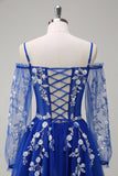 Sparkly Royal Blue A-Line Cold Shoulder Long Sleeves Long Formal Dress with Appliques