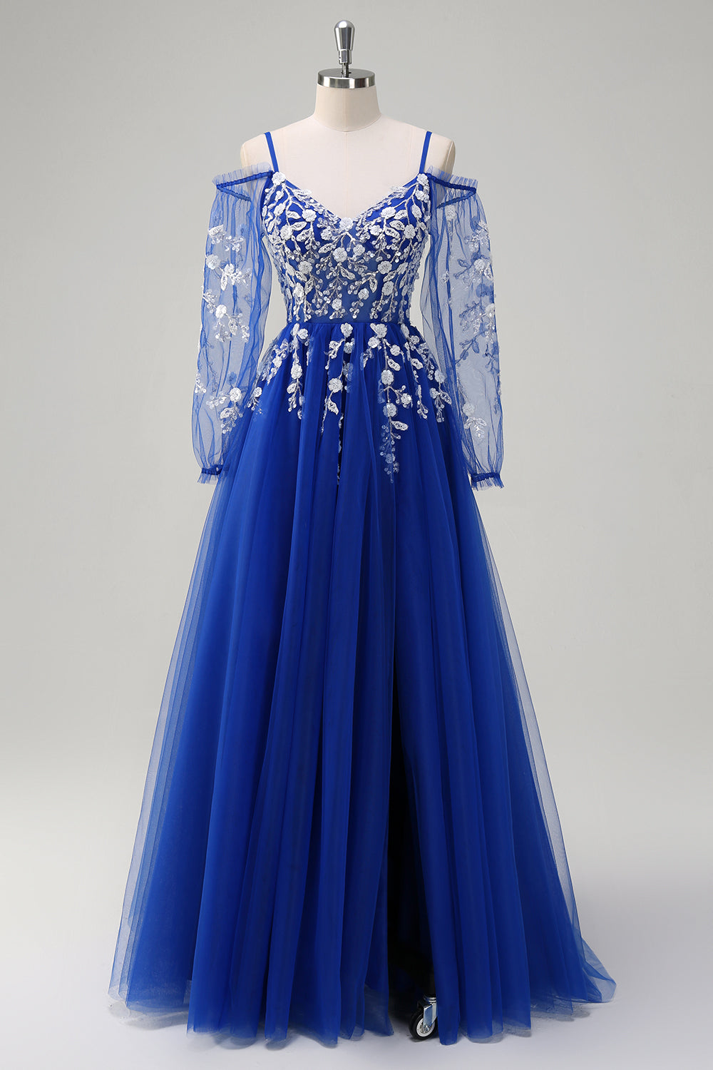 Royal Blue A-Line Cold Shoulder Sequin Applique Long Formal Dress with Tulle Slit