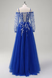 Royal Blue A-Line Cold Shoulder Sequin Applique Long Formal Dress with Tulle Slit