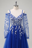 Royal Blue A-Line Cold Shoulder Sequin Applique Long Formal Dress with Tulle Slit