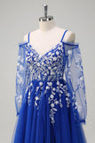 Royal Blue A-Line Cold Shoulder Sequin Applique Long Formal Dress with Tulle Slit