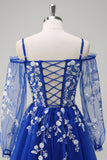 Royal Blue A-Line Cold Shoulder Sequin Applique Long Formal Dress with Tulle Slit