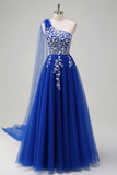 Royal Blue A-Line One Shoulder Watteau Train Appliqued Formal Dress with Lace Up Back