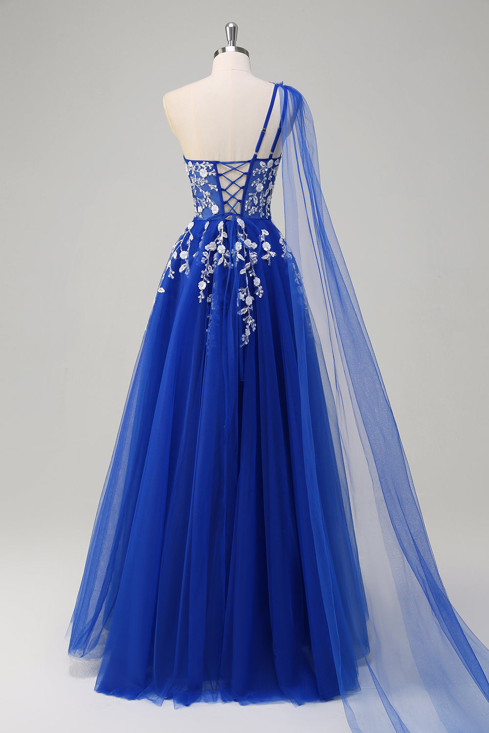 Royal Blue A-Line One Shoulder Watteau Train Appliqued Formal Dress with Lace Up Back