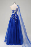 Royal Blue A-Line One Shoulder Watteau Train Appliqued Formal Dress with Lace Up Back