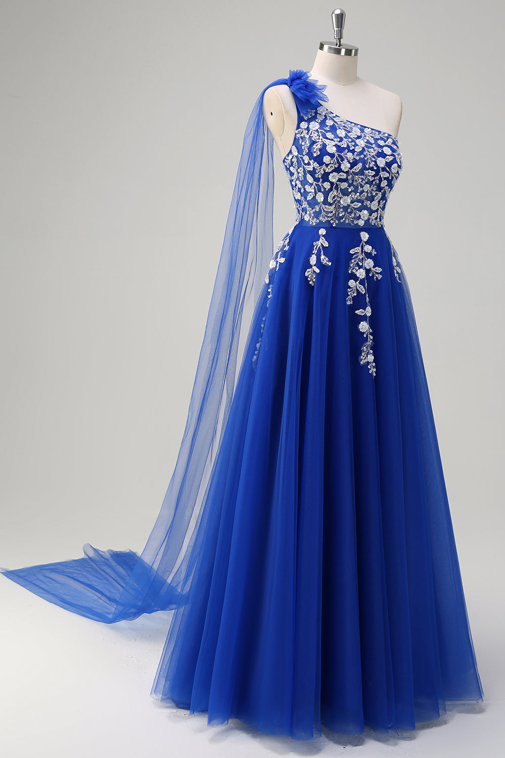 Royal Blue A-Line One Shoulder Watteau Train Appliqued Formal Dress with Lace Up Back