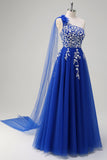 Royal Blue A-Line One Shoulder Watteau Train Appliqued Formal Dress with Lace Up Back