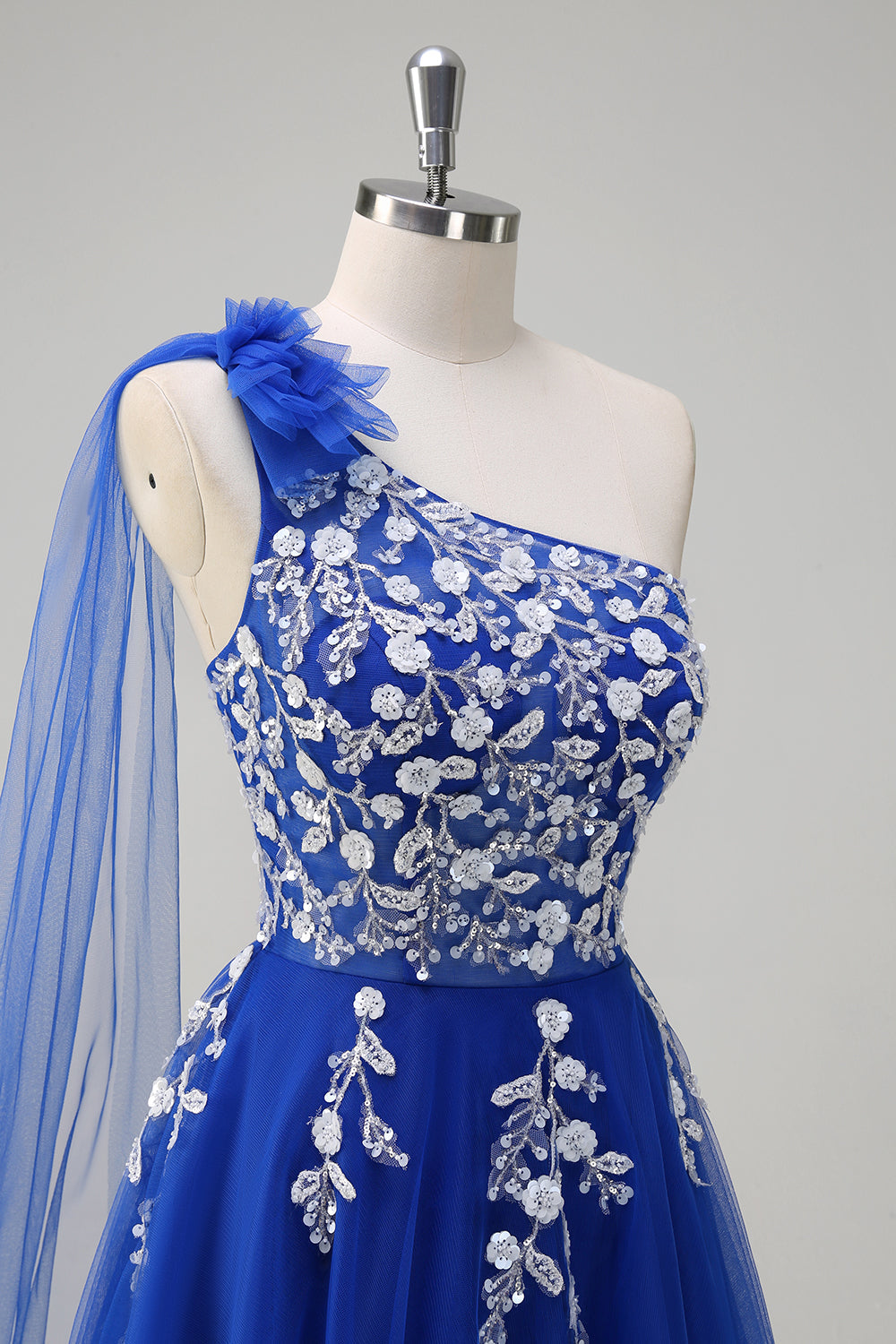 Royal Blue A-Line One Shoulder Watteau Train Appliqued Formal Dress with Lace Up Back