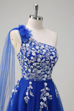 Royal Blue A-Line One Shoulder Watteau Train Appliqued Formal Dress with Lace Up Back