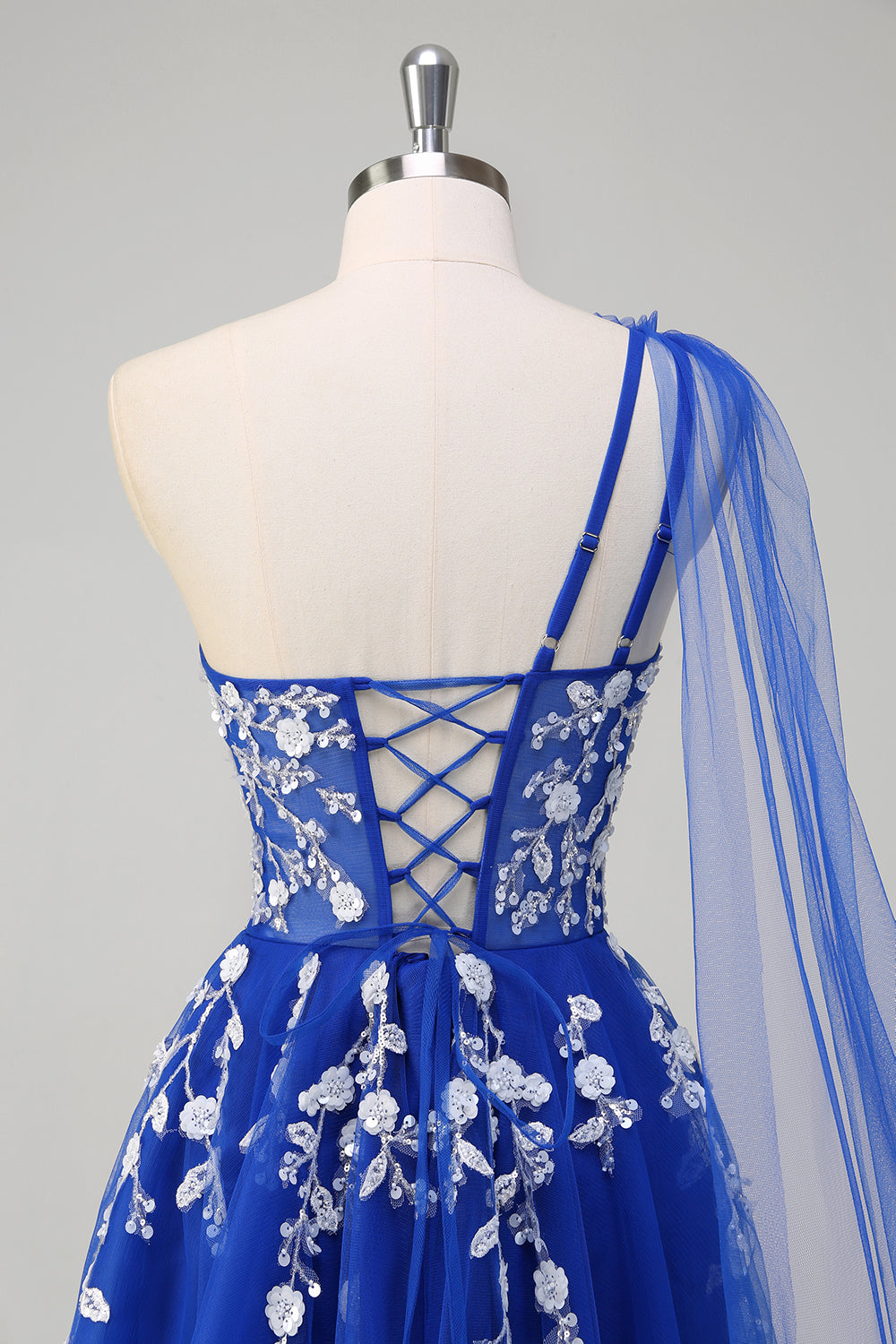 Royal Blue A-Line One Shoulder Watteau Train Appliqued Formal Dress with Lace Up Back