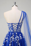 Royal Blue A-Line One Shoulder Watteau Train Appliqued Formal Dress with Lace Up Back
