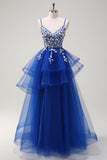 Royal Blue A-Line Tiered Long Appliqued Formal Dress with Sequins