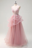 Grey Pink A-Line Spiral Ruffle Long Corset Formal Dress with Appliques