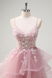 Grey Pink A-Line Spiral Ruffle Long Corset Formal Dress with Appliques