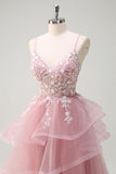 Grey Pink A-Line Spiral Ruffle Long Corset Formal Dress with Appliques