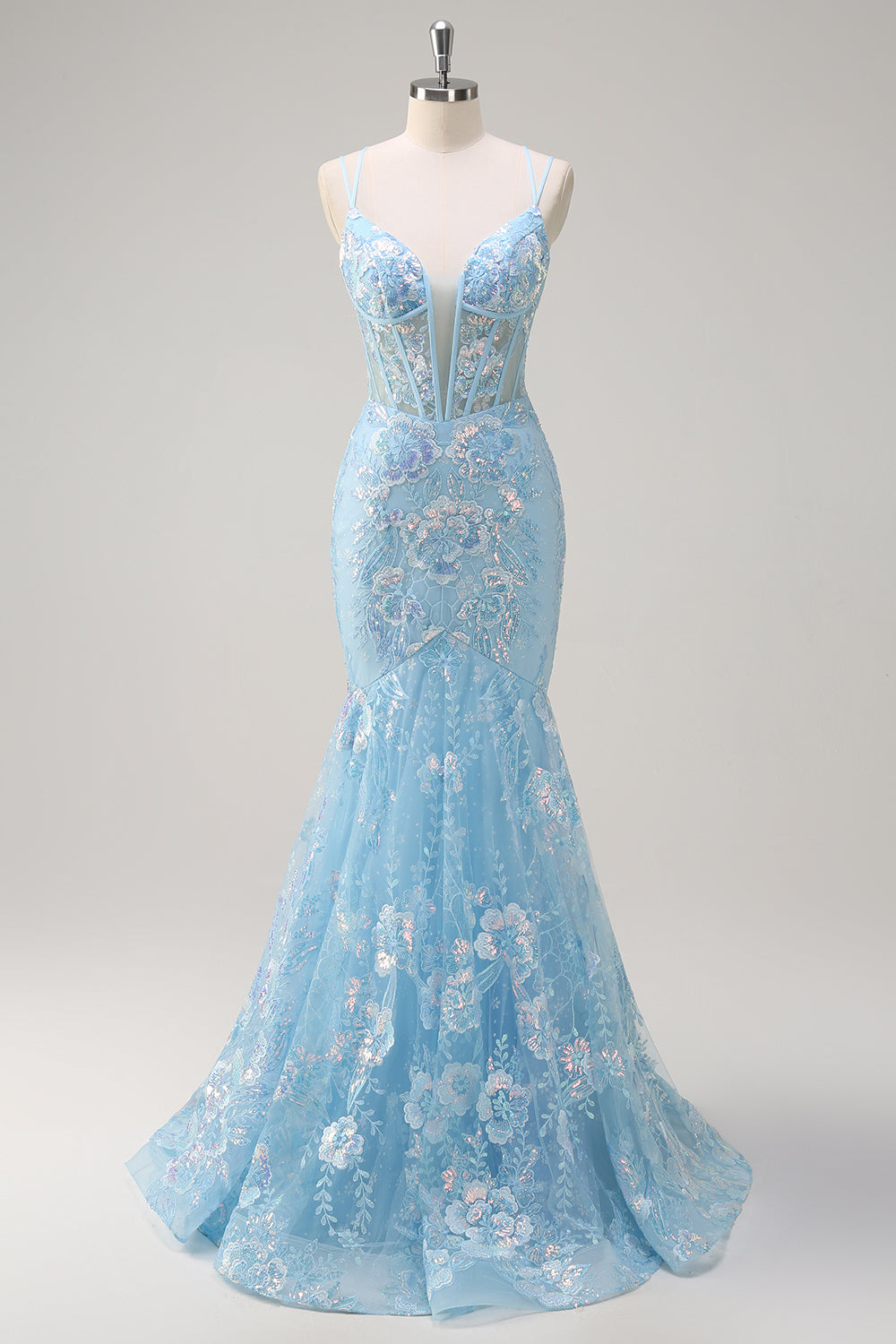 Sparkly Blue Mermaid Spaghetti Straps Sequin Corset Long Formal Dress with Embroidery