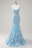 Sparkly Blue Mermaid Spaghetti Straps Sequin Corset Long Formal Dress with Embroidery