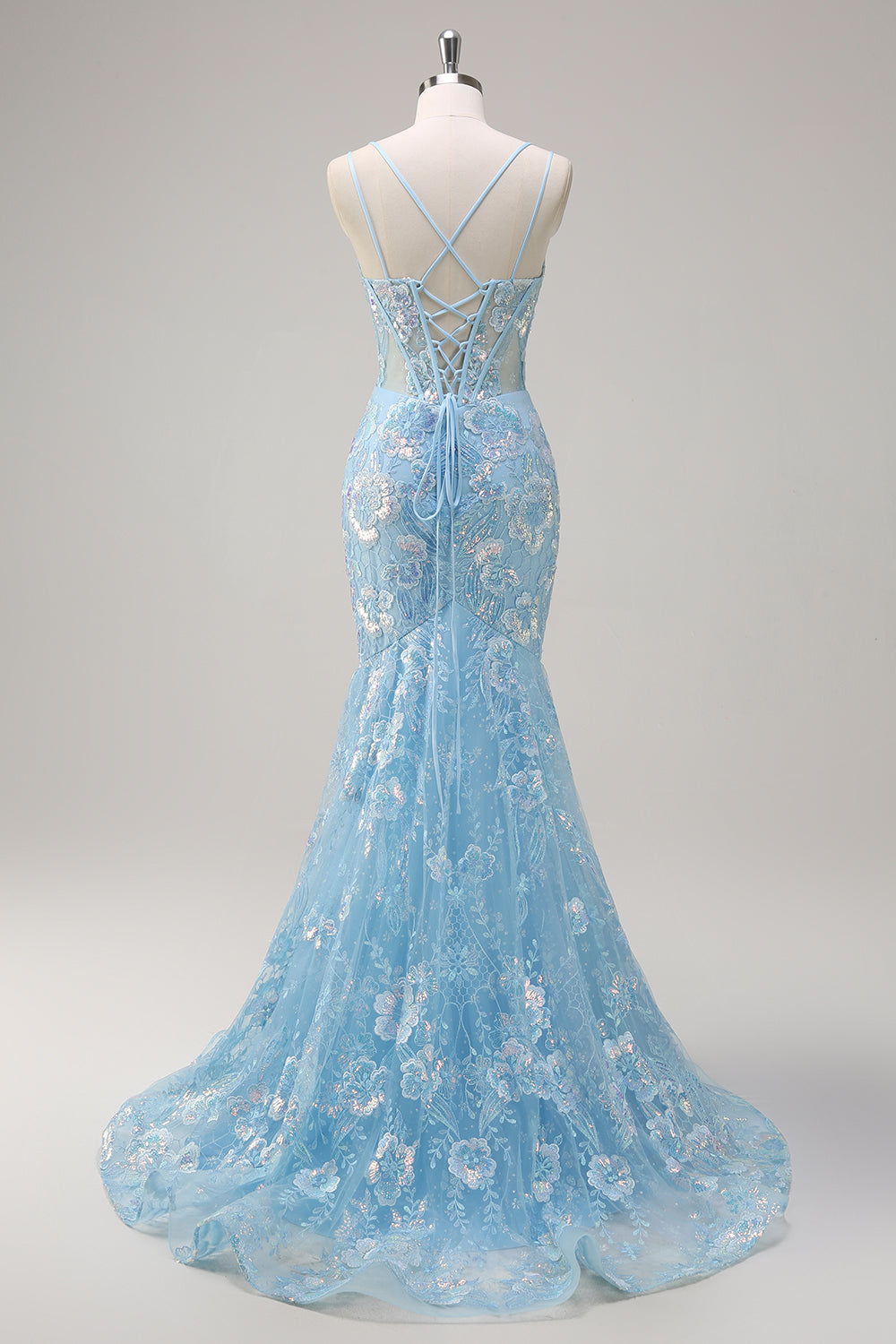 Sparkly Blue Mermaid Spaghetti Straps Sequin Corset Long Formal Dress with Embroidery