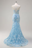 Sparkly Blue Mermaid Spaghetti Straps Sequin Corset Long Formal Dress with Embroidery