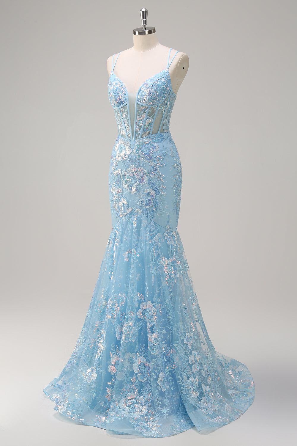Sparkly Blue Mermaid Spaghetti Straps Sequin Corset Long Formal Dress with Embroidery